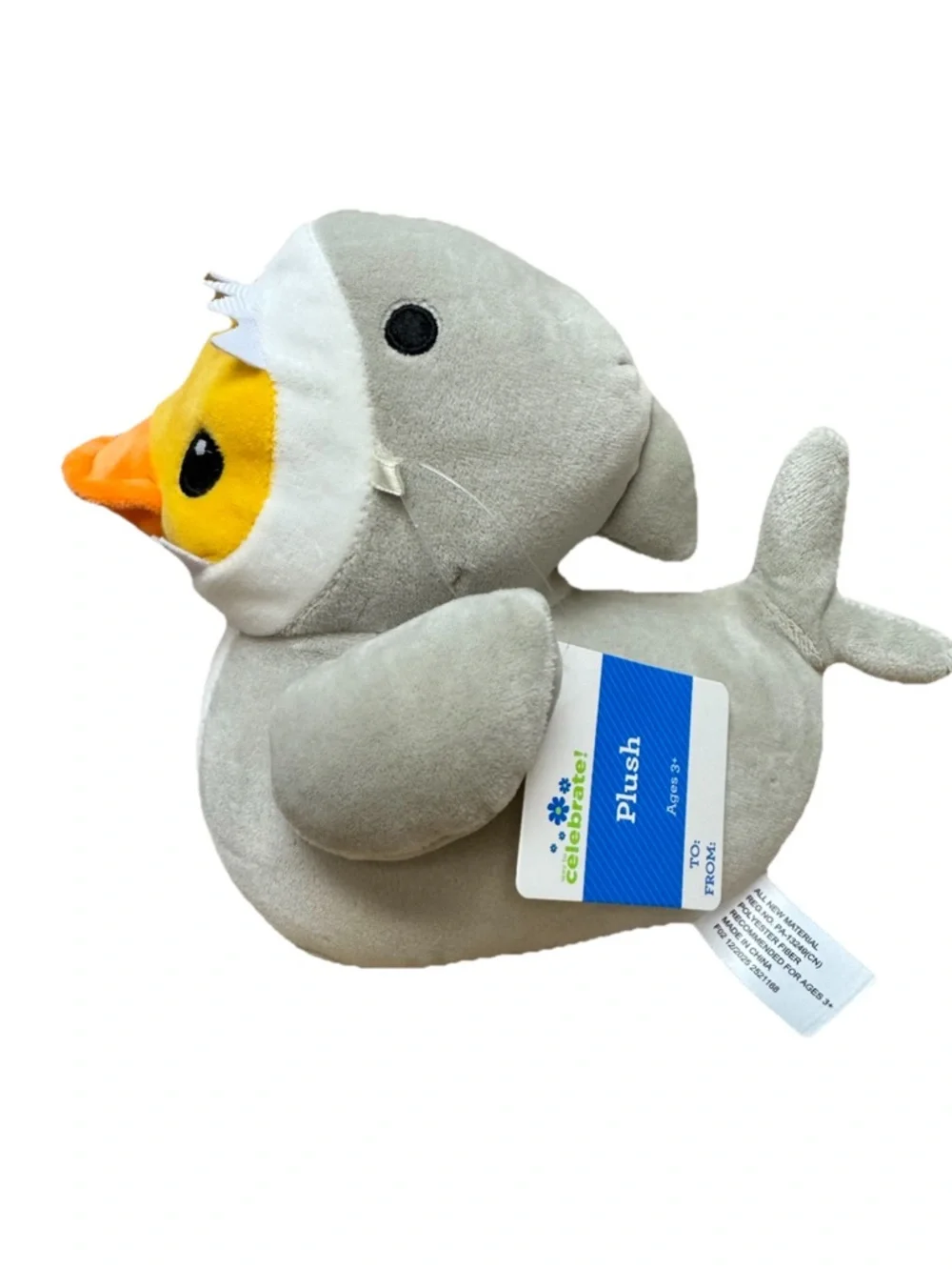 Plush Duck in Shark Costume - Gray and Yellow Small Pet Toy 7”